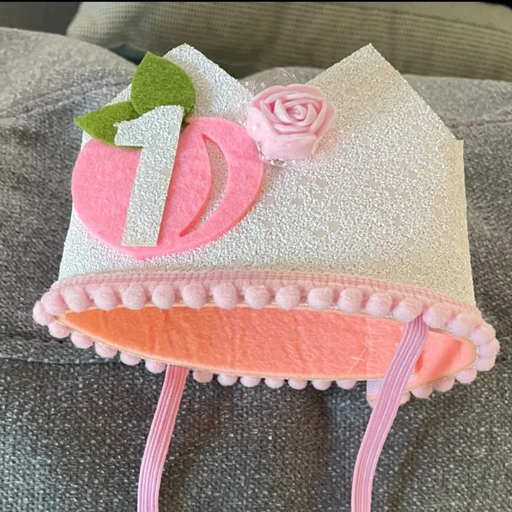 EUC, Party Hat for Baby Girls 1st Birthday Party Pink & White Adjustable Crown